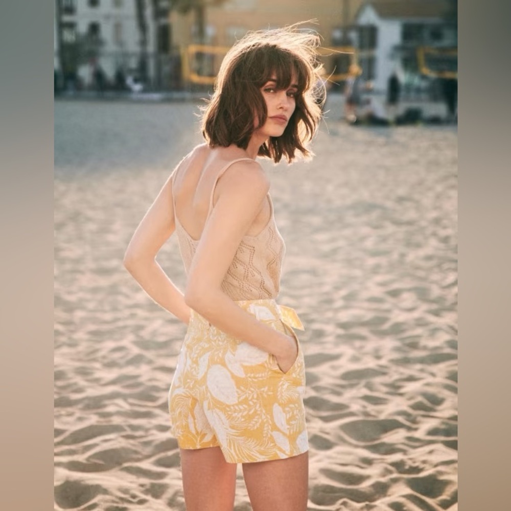 Sezane Yellow Print Lucas Linen Cotton Shorts